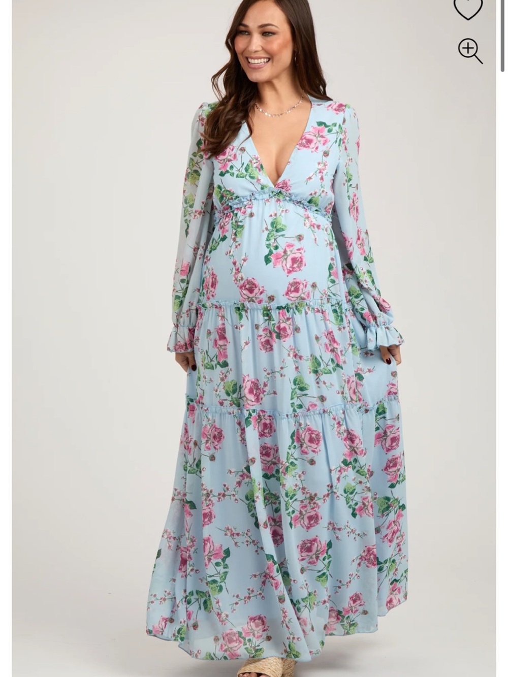 Blue Floral Chiffon Ruffle Tiered Maternity Dress